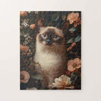 Siamkatze, umgeben von blütenrosa Blume Puzzle
