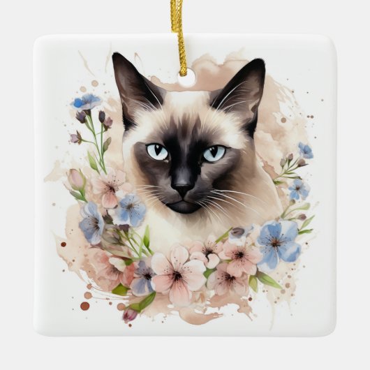 Siamkatze und Blume Wasserfarbe Keramikornament (Vorderseite)