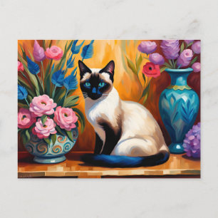 Siamkatze und Blumensträuße in Vasen Aquarell Postkarte