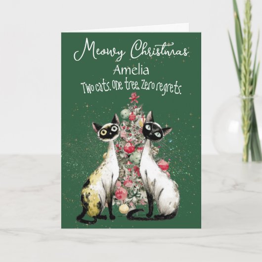 Siamkatzen vor einer Weihnachtsbaum-Weihnachtskart Karte (Vorderseite)