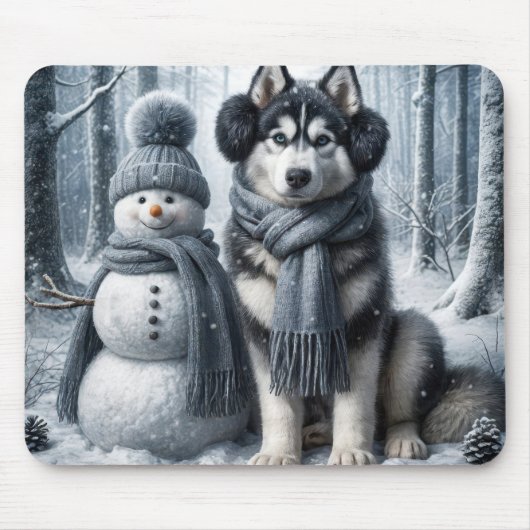 Siberan Husky mit Snowman Mousepad (Vorne)
