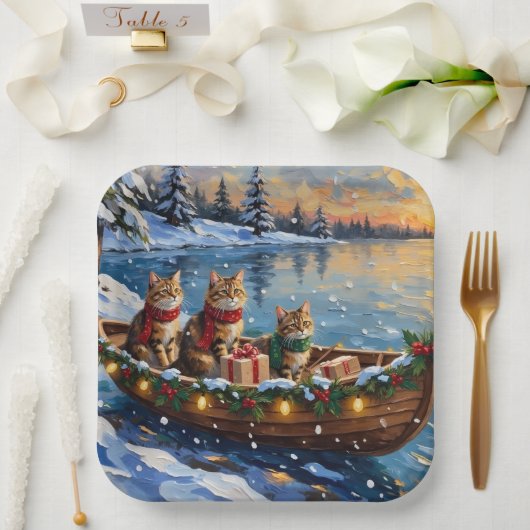 Siberian Cat Christmas Boat Holiday Pappteller (Hochzeit)