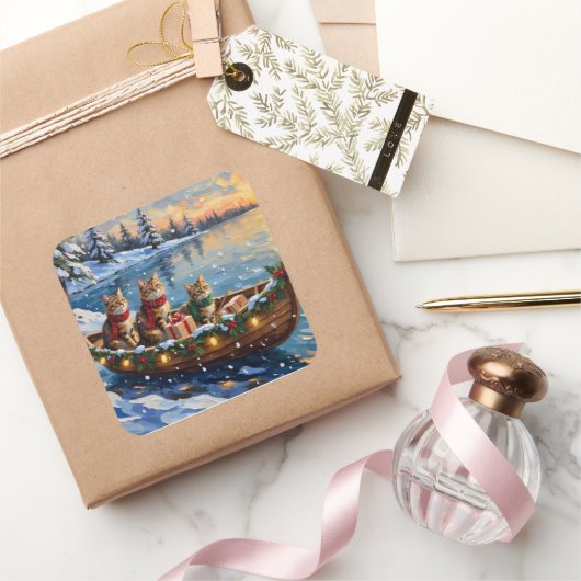 Siberian Cat Christmas Boat Holiday Quadratischer Aufkleber (Schenken)