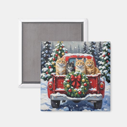 Siberian Cat Christmas Red Truck Holiday Magnet (Vorderseite/Rückseite)