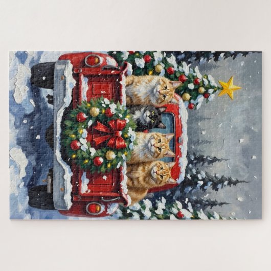 Siberian Cat Christmas Red Truck Holiday Puzzle (Horizontal)