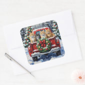 Siberian Cat Christmas Red Truck Holiday Quadratischer Aufkleber (Umschlag)