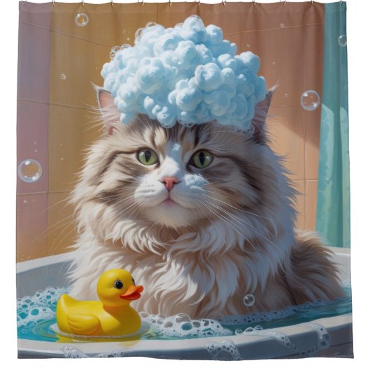 Siberian Cat Sloppy Sleepy Niedlich Funny Duschvorhang (Vorderseite)