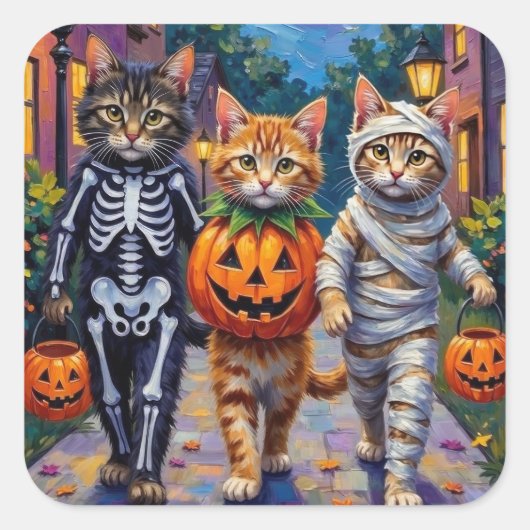 Siberian Cats Trick-or-Treating Halloween Costumes Quadratischer Aufkleber (Vorderseite)