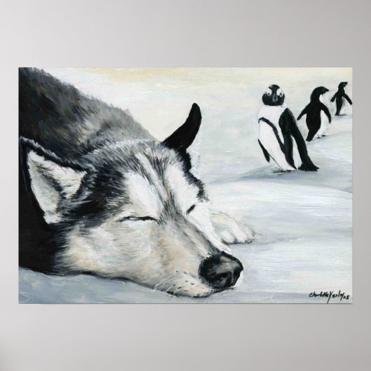 "Siberian Huskey's Penquin Dream" Dog Art Poster (Vorne)