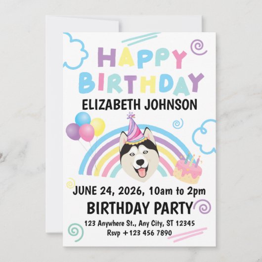 Siberian Husky Birthday Invitation in White Einladung (Vorderseite)