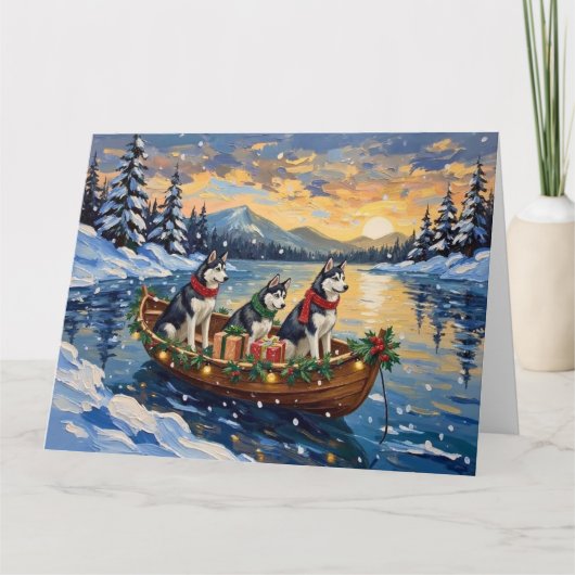 Siberian Husky Christmas Boat Holiday Karte (Vorderseite)