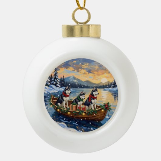Siberian Husky Christmas Boat Holiday Keramik Kugel-Ornament (Vorderseite)