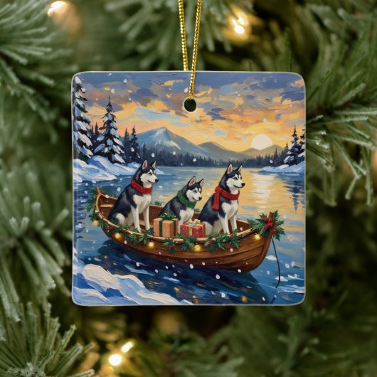 Siberian Husky Christmas Boat Holiday Keramikornament (Baum)