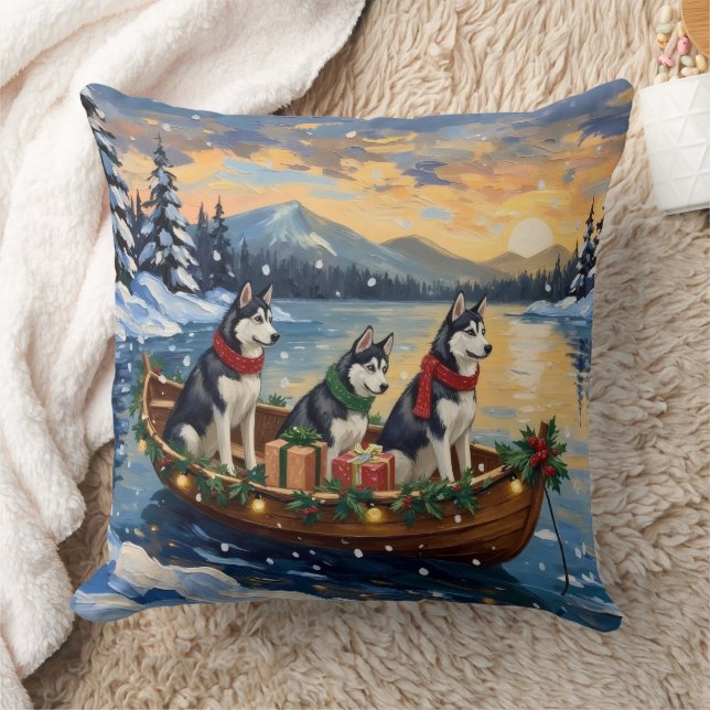 Siberian Husky Christmas Boat Holiday Kissen (Decke)