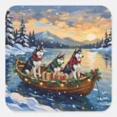 Siberian Husky Christmas Boat Holiday Quadratischer Aufkleber (Vorderseite)