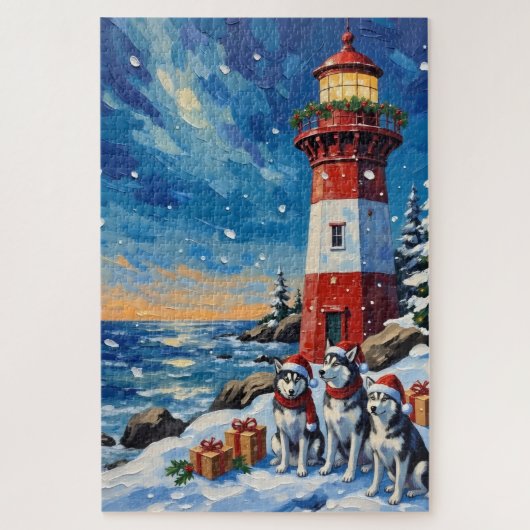 Siberian Husky Christmas Lighthouse Holiday Puzzle (Vertikal)