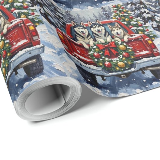 Siberian Husky Christmas Red Truck Holiday Geschenkpapier (Rolleneckpunkt)