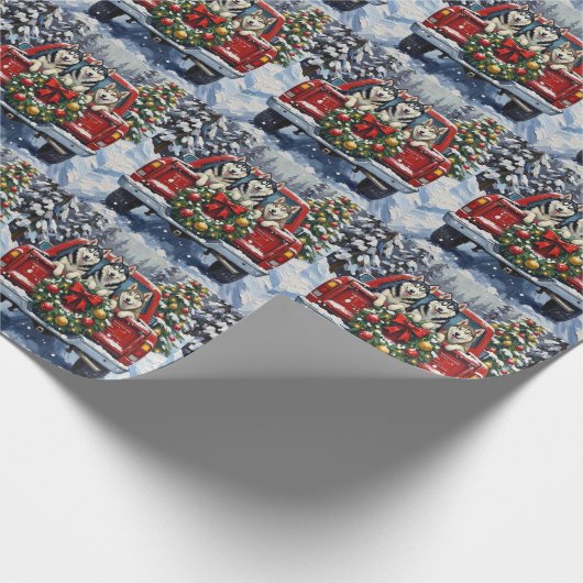 Siberian Husky Christmas Red Truck Holiday Geschenkpapier (Ecke)