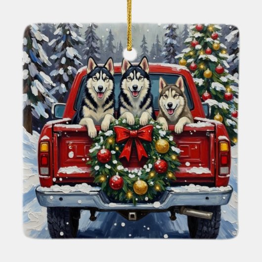 Siberian Husky Christmas Red Truck Holiday Keramikornament (Rückseite)