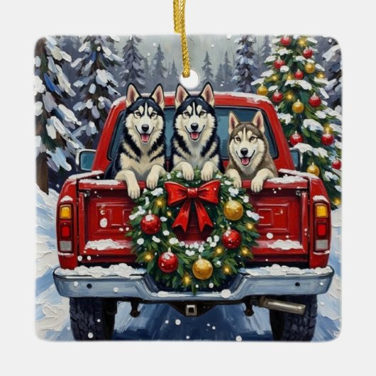 Siberian Husky Christmas Red Truck Holiday Keramikornament (Vorderseite)