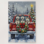Siberian Husky Christmas Red Truck Holiday Puzzle (Vertikal)
