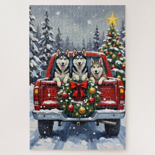 Siberian Husky Christmas Red Truck Holiday Puzzle (Vertikal)