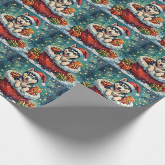Siberian Husky Christmas Santa Bag Adventure Geschenkpapier (Ecke)