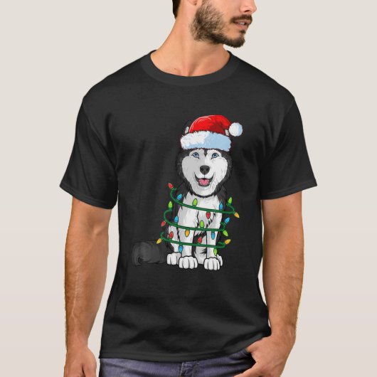 Siberian Husky Christmas Santa Hat Xmas Lights Dog T-Shirt (Vorderseite)