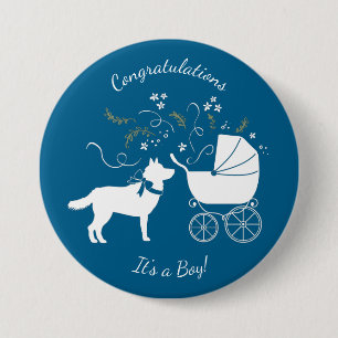 Siberian Husky Dog Baby Shower Welpe Blue Boy Button
