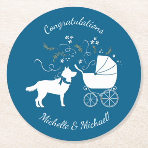 Siberian Husky Dog Baby Shower Welpe Blue Boy Runder Pappuntersetzer