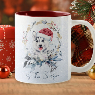 Siberian Husky Dog Blue Gold Wreath Weihnachten Zweifarbige Tasse