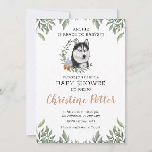 Siberian Husky Dog Boy Boho Greenery Baby Shower Einladung (Vorderseite)