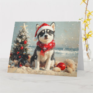 Siberian Husky Dog Christmas Vintag Beach Karte