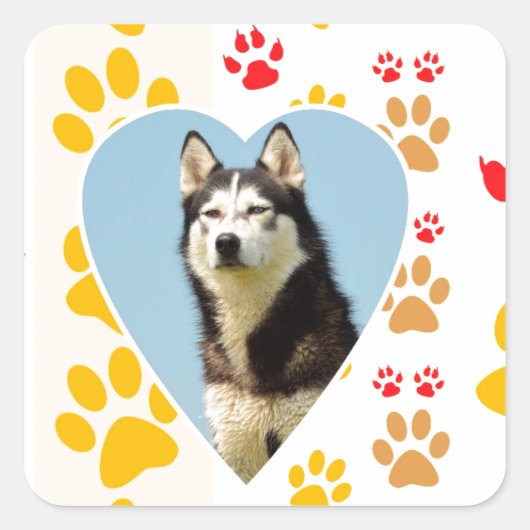 Siberian Husky Dog Heart Paws Print Quadratischer Aufkleber (Vorderseite)