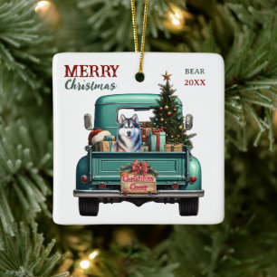 Siberian Husky Dog Retro Truck Weihnachten Keramikornament