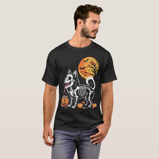 Siberian Husky Dog Skeleton Beängstigend Pumpkin M T-Shirt (Vorne ganz)