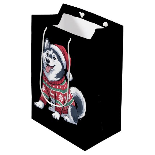 Siberian Husky Dog Ugly Sweater Santa Hat Xmas Mittlere Geschenktüte (Vorderseite Schrägansicht)