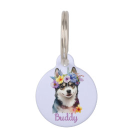 Siberian Husky Dog Watercolor Blume Round Pet Tag Haustiermarke