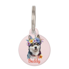 Siberian Husky Dog Watercolor Blume Round Pet Tag Haustiermarke