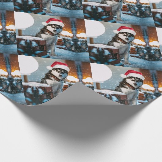 Siberian Husky dog wearing santa hat Geschenkpapier (Ecke)