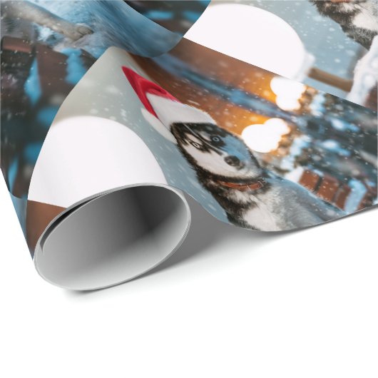 Siberian Husky dog wearing santa hat Geschenkpapier (Rolleneckpunkt)