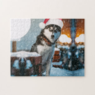 Siberian Husky dog wearing santa hat Puzzle