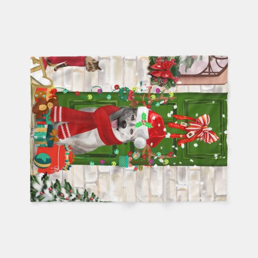 Siberian Husky Dog Weihnachten Fleecedecke (Vorderseite (Horizontal))