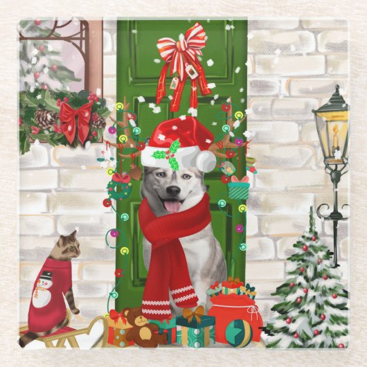 Siberian Husky Dog Weihnachten Glasuntersetzer (Vorderseite)