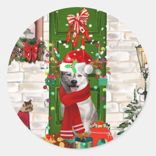 Siberian Husky Dog Weihnachten Runder Aufkleber (Vorderseite)