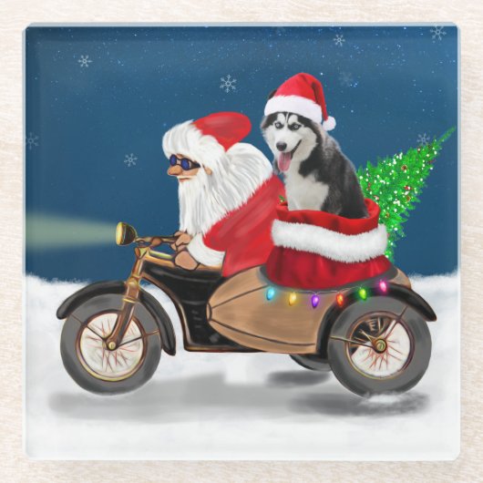 Siberian Husky Dog Weihnachtsmann Glasuntersetzer (Vorderseite)