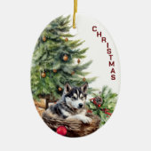 Siberian Husky Dog Wicker Basket Weihnachten Keramik Ornament (Vorne)