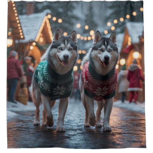 Siberian Husky Dogs Christmas Snow Holiday Duschvorhang (Vorderseite)
