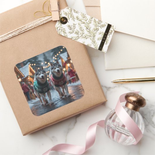 Siberian Husky Dogs Christmas Snow Holiday Quadratischer Aufkleber (Schenken)