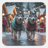 Siberian Husky Dogs Christmas Snow Holiday Quadratischer Aufkleber (Vorderseite)